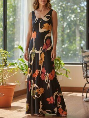 Long Black Silk Dragon Print Maxi Dress Y2K Formal